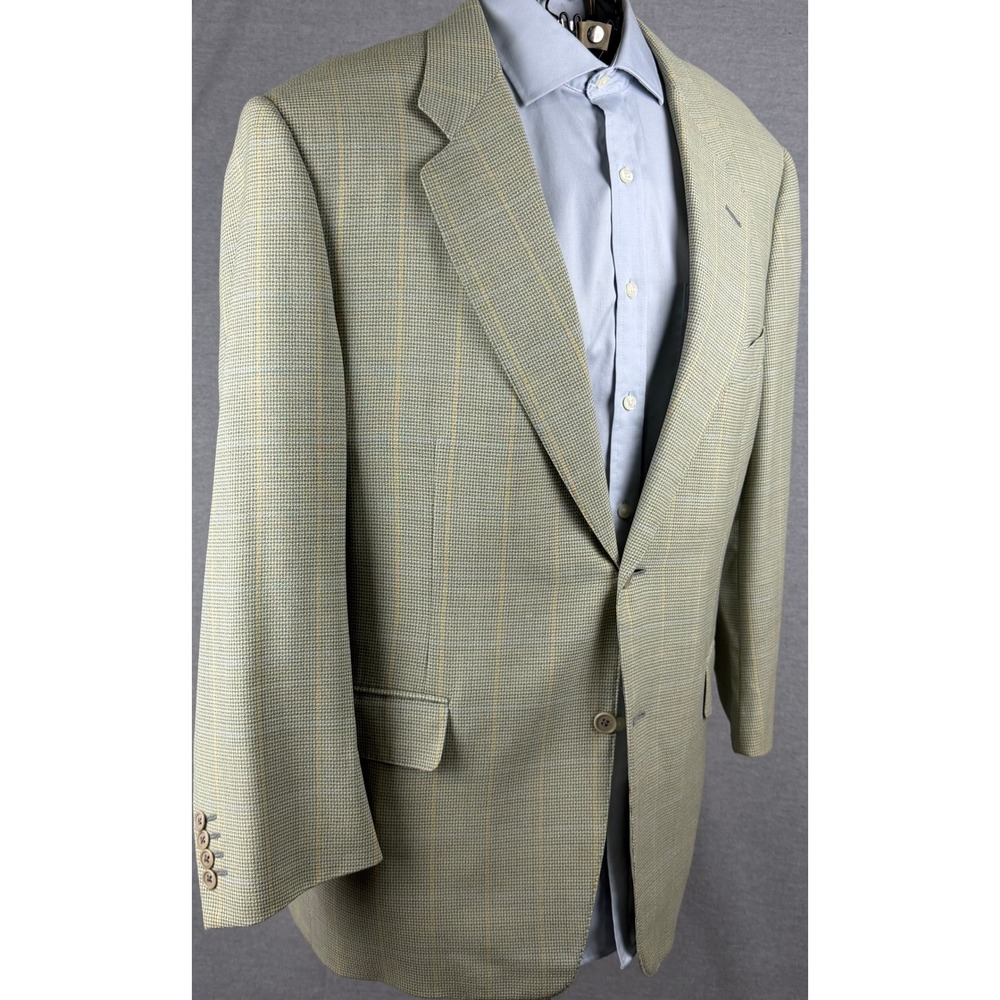 Canali Saks Fifth Avenue Mens Wool Sport‎ Coat Blazer Green Plaid Italy 54 44R